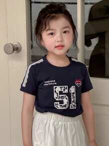 DAZY 少女女孩印花短袖圆领针织T恤，夏季 - 藏蓝色 - 查看 6