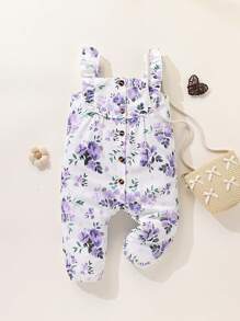 SHEIN Baby Girls & Babies' Floral Print Square Neck Ruffled Sleeveless Jumpsuit, Suitable For Spring/Summer Outings, Vacation, Daily Wear - Purple - View 7