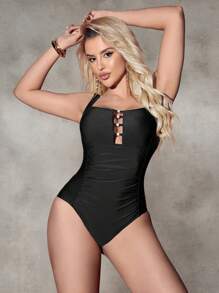 Shapewave Beach Summer Outfits For Women, One-Piece Shaping Swimsuit With Front Center Hollowing Squared Neckline Design - Black - View 4