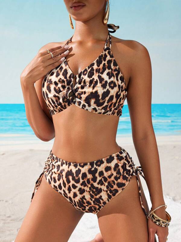 SHEIN Swim Set costume de baie 2 buc pentru femei, imprimat digital leopard, plajă casual, petrecere la piscină, vacanță, primăvară/vară