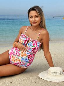 SHEIN Pregnant Women Floral Print Spaghetti Strap One-Piece Swimsuit, Summer Vacation Beach