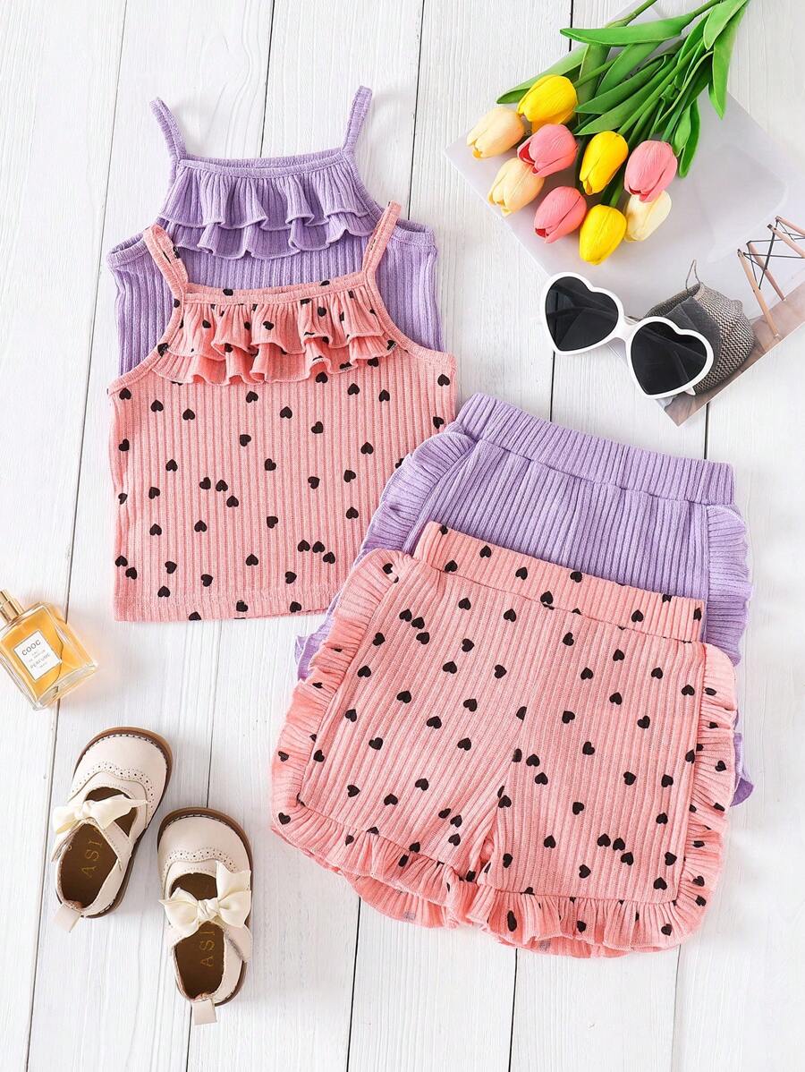 SHEIN 2件套少女心印花吊带上衣休闲舒适夏季套装 - 彩色 - 查看 1