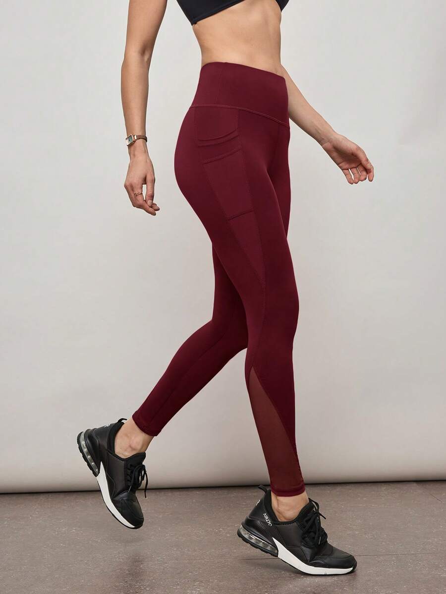 Activina Solid Color High Waist Mesh Patchwork Tight Yoga Leggings - Burgundy - View 1