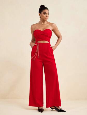 PHXTHREADS Mono de pierna ancha con abertura y cadena dorada sin tirantes de color rojo para mujer, outfit de verano para vacaciones