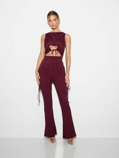 KIZN Stylish Co-Ord Set With Side Lace-Up Flare Pants And Cutout Front Crop Top Festival Party Clubwear Evening