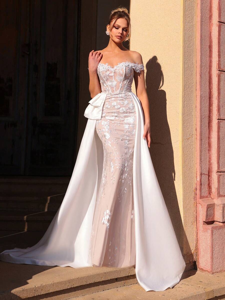 Glamrae Elegantes luxuriöses besticktes Kleid mit Pailletten-Applikationen, Spitze, Patchwork und Satinbesatz im Meerjungfrauenstil mit großer Schleife und Schleppe, geeignet für Hochzeit, Party, Flitterwochen, Braut - Beige - Übersicht 1