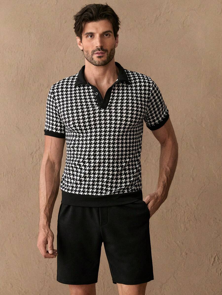 Manfinity NXTstreet 2pcs Men's Casual Herringbone Ant-Print Fitted Shoulder Polo Shirt And Straight Solid Color Shorts Set, Suitable For Daily Wear - Multicolor - View 1