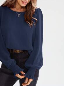 EMERY ROSE Round Neck Solid Puff Sleeve Blouse,Long Sleeve Tops - Navy Blue - View 4