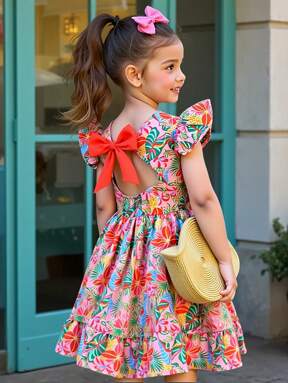 Holiday,Summer,Travel Young Girls Floral & Tropical Print Colorful Bowknot Vacation Dress, Suitable For Holiday, Casual & School Occasions
