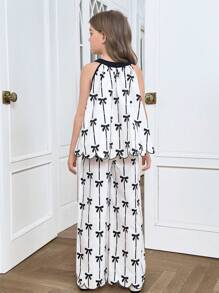 SHEIN Tween Girl Butterfly Print Colorblock Collar Sleeveless Shirt & Wide Leg Pants 2 Pieces Set - Black and White - View 11