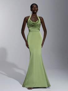 SHEIN Belle Elegant And Romantic Olive Green Halter Design, Asymmetrical Pleating, Modified Body, Slim Fishtail Hem, Suitable For Dating, Vacation, Wedding, Bridesmaid Dress - Olive Green - View 3