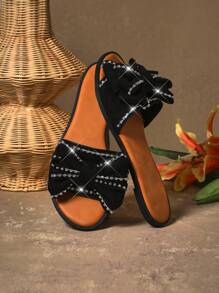 SHUZIA Dép lê nơ đen đính pha lê - Sandal đế bằng phong cách Y2K với viền đính đá, giày dự tiệc cưới cho khách mời trên bãi biển và túi cói ton sur ton. - màu đen - Xem 3