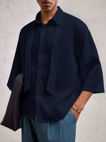 AKNOTIC Formal Men's Loose Drop Shoulder Short Sleeve Collared Casual Shirt, Suitable For Daily Wear - Apricot - View 2