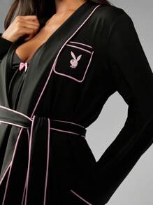 Missguided x Playboy Christmas Embroidered Bunny Logo Long Sleeve Robe With Belt And Piping Detail - Black - View 3