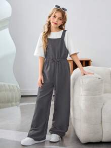SHEIN Tween Girls Casual Knitted Solid Color Overall Jumpsuit