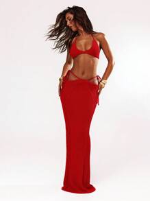 SHEIN BAE Damen 2er Set aus einfarbigem Strick-Top und extra langem gestricktem Midi-Rock für Herbst/Winter