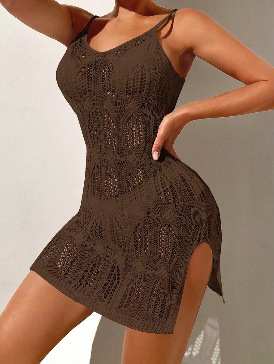 Swim Vcay 钩针编织带针织开衩下摆休闲罩衫，优雅的度假装，适合春季、夏季海滩度假、派对 - 棕色 - 查看 1