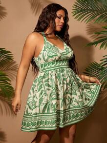 SHEIN SXY Vestido de línea A con escote halter, estampado floral, botánico y totémico, elegante y sexy, para talla grande, apropiado para el uso diario, primavera y verano