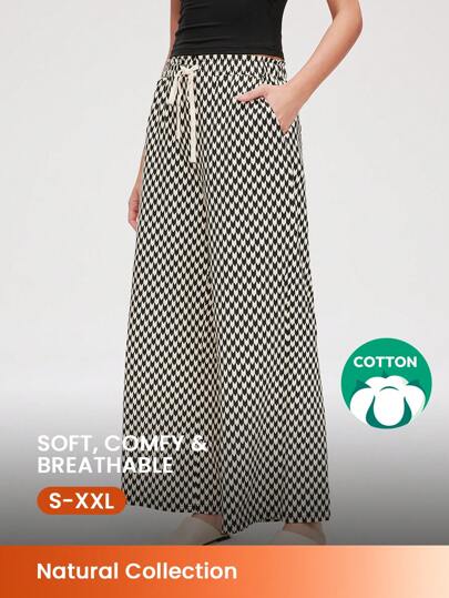 LUVLETTE 黑色柔软棉质基本款阔腿图案裤家居裤带口袋内衣外穿透气女士睡裤