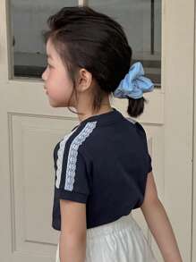 DAZY 少女女孩印花短袖圆领针织T恤，夏季 - 藏蓝色 - 查看 7