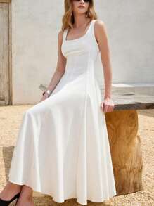 Aveloria Rosie 女士优雅复古方领无袖高腰荷叶边下摆 A 字形连衣裙，适合上班和通勤