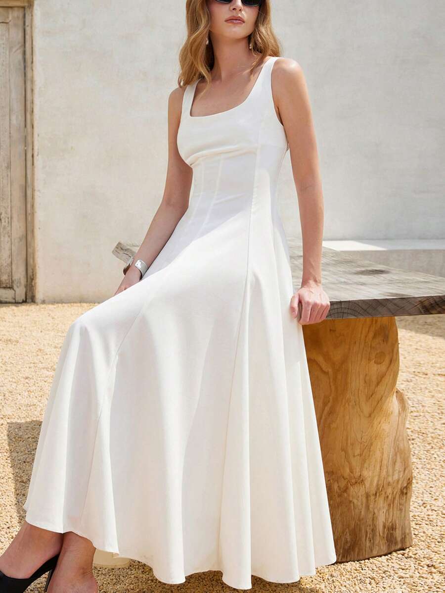 Aveloria Rosie 女士优雅复古方领无袖高腰荷叶边下摆 A 字形连衣裙，适合上班和通勤