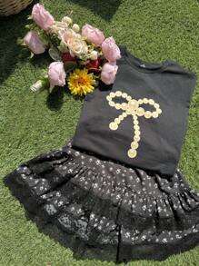 SHEIN 2 件套休闲青少年女孩宽松蝴蝶印花圆领 T 恤和荷叶边下摆裙子 - 黑色 - 查看 5