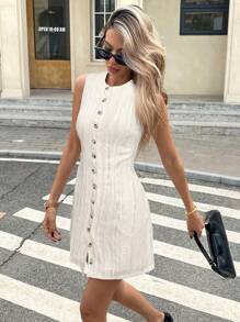 SHEIN Frenchy 女式纯色单排扣圆领无袖迷你连衣裙 - 杏色 - 查看 4