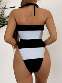 SHEIN Swim Eleganter einfarbiger, kontrastierender, floraler Spaghettiträger-Badeanzug für Damen, Sommer - Schwarz und Weiss - Übersicht 2