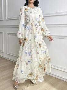 Modelyn Women's Elegant Floral Print Chiffon Dress With Self-Tie Waist, Spring/Summer