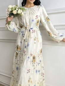 Modelyn Women's Elegant Floral Print Chiffon Dress With Self-Tie Waist, Spring/Summer