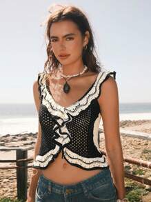 Easelle 黑白对比褶边羊毛上衣 - 黑與白 - 查看 1