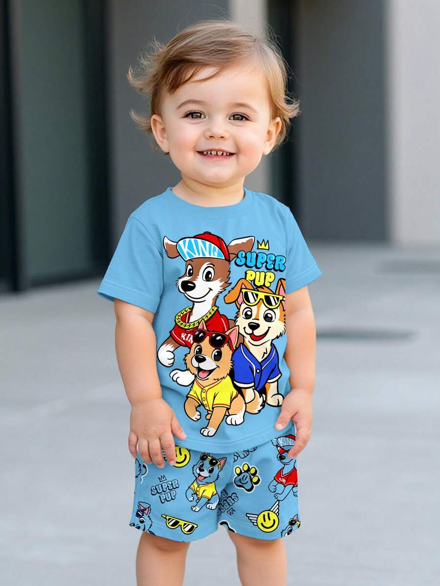 SHEIN 2pcs/Set Baby Boy Casual Cartoon Pattern Round Neck Short Sleeve T-Shirt And Shorts Set, Suitable For Summer - Multicolor - View 1