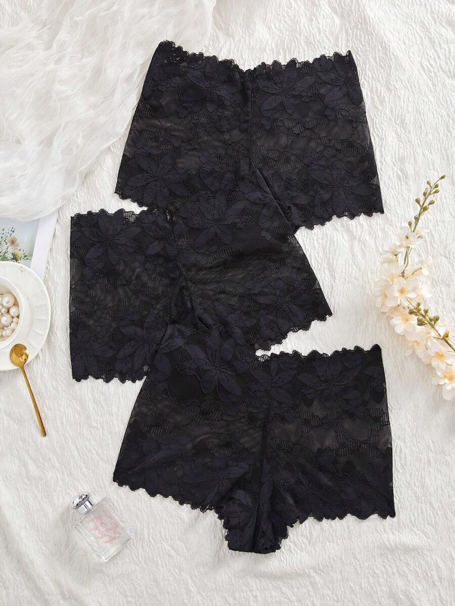 SHEIN 3 件套性感蕾丝女士内裤，浪漫简约女士内裤 - 黑色 - 查看 1