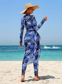 Swim Mulvari Ladies' Conservative Coconut Tree Print Long Sleeve Long Leg Skirt Burkini Swimsuit - Multicolor - View 2