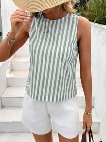 SHEIN LUNE Áo crop top không tay kẻ sọc giản dị cho nữ, áo xẻ sau lưng - màu xanh lá - Xem 6