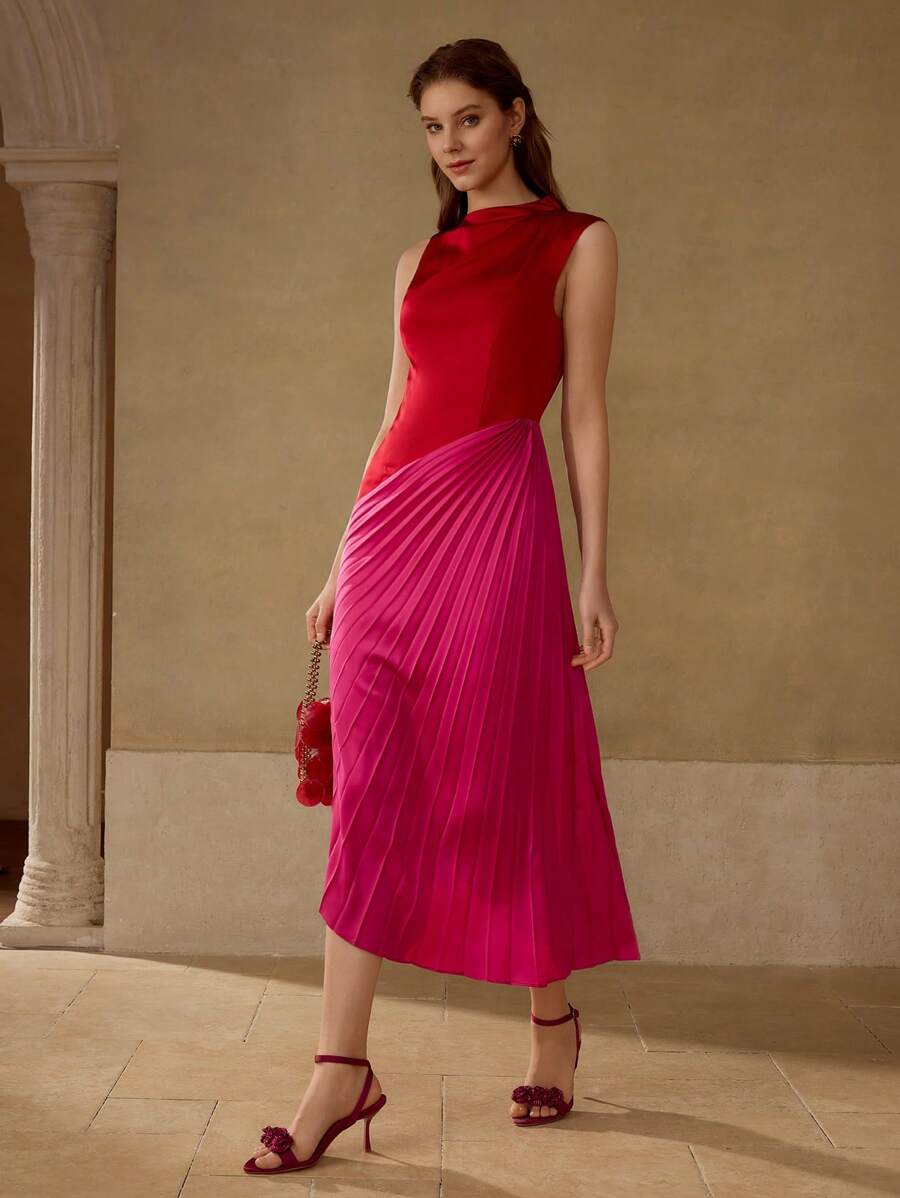 MOTF PREMIUM COLORBLOCK PLEATED DRESS - Red - View 2
