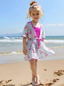 Flamingo Print Young Girl's Casual Bikini Set With Cover-Up Kimono - Multicolor - View 1