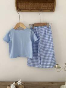 SHEIN Vintaside Kids 2 Pieces Baby Boy Cute Casual Short-Sleeved Top And Plaid Pants Set, Suitable For Summer, Home And Travel
