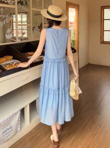 SHEIN Teen Girls Blue Elegant Minimalist Round Neck Sleeveless Loose Stylish Woven Casual Dress, Summer, Ruffles, A Pendulum