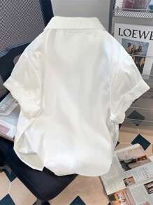 SHEIN Women Heart Print Short Sleeve Single-Breasted Loose Casual Shirt - White - View 2