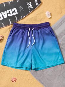Manfinity Swimmode Men's Ombre Color Pocket Drawstring Waist Beach Shorts, Suitable For Summer Men Swim Trunks - Blue - View 2