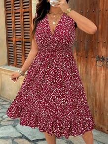 EMERY ROSE Plus Size Shirred Sleeveless Ditsy Floral A-Line Dress With Cinched Waist And Ruffle Hem Decor, Casual Wear - Multicolor - View 4