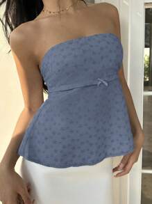 Sunnyshic Solid Color Sleeveless Vacation Embroidered Bowknot Tube Top - Navy Blue - View 5