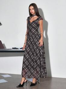 ROMWE J-Fashion Y2K Korean Cute Plaid Pattern Ootd Mesh Dress