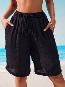 Swim SPRTY Women's Solid Color Drawstring Waist Beach Cover Up Shorts, Suitable For Beach, Pool, Casual Party, Vacation For Summer