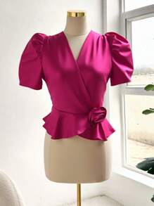 SHEIN Clasi Elegant Rose 3D Floral Pleated V-Neck Ruffle Hem Short Sleeve Blouse - Hot Pink - View 3