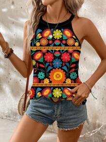 SHEIN LUNE 休闲花卉图案女式吊带背心，适合夏季 - 彩色 - 查看 4