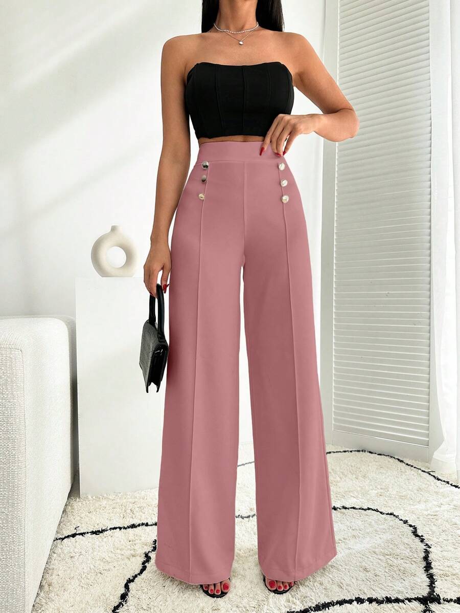 RueChic White Wide Leg Pallazzo Pant With Button Detail - Coral Pink - View 1