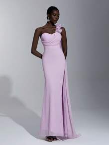 Elitara 优雅浪漫紫色雪纺面料 3D 花卉露肩褶皱高低派对伴娘礼服 - 淡紫色 - 查看 3